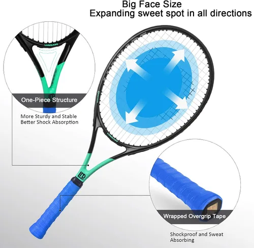 Vista 2 de Raqueta de tenis para adultos de 27 pulgadas, raqueta de tenis de fibra de carbono a prueba de golpes, ligera, pre-cordada y con empuñadura