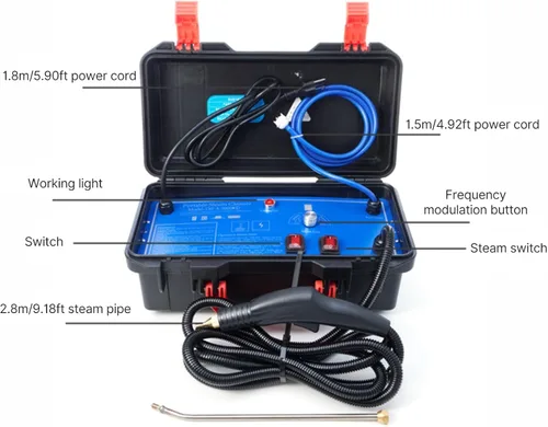 Vista 2 de Limpiador de vapor de alta presión de 1700 W, vaporizador de mano sin tanque con modos de agua caliente y fría para detalles del hogar y auto