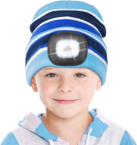 Vista 23 de Gorro LED para Niños, Unisex Gorro con Linterna Frontal Recargable de Invierno con Luz Nocturna, Regalos para Niños y Niñas Naranja