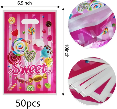 Vista 4 de Rainmae 50 bolsas de regalo de Candyland, regalos de fiesta de piruletas y caramelos, bolsas de golosinas y regalos familiares para dulces temáticos
