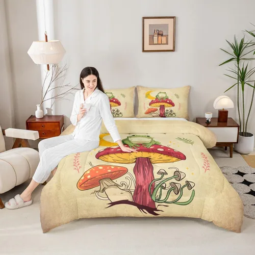 Vista 11 de Juego de edredón de champiñones para niños, tamaño individual, juego de ropa de cama romántica con sol, luna, cielo estrellado y galaxia, decoración
