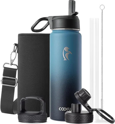 Vista 48 de Coolflask Botella de agua de 20 onzas aislada con pajilla, 3 tapas de metal de acero inoxidable, botella de agua de boca ancha para deportes u