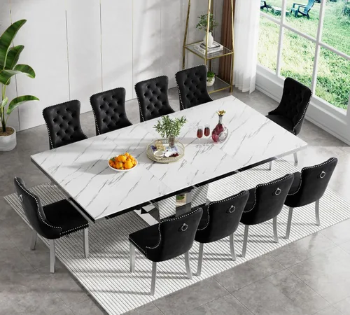 Vista 107 de Juego de mesa de comedor extensible de 5 piezas, juego de mesa de comedor extensible de estilo granja para 4, mesa de cocina expandible de madera