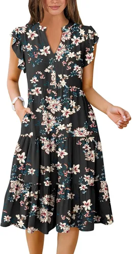 Vista 15 de ANRABESS Vestido de verano para mujer, manga con volantes, cuello en V, vestido midi a la moda, casual, holgado, escalonado, bohemio, playa