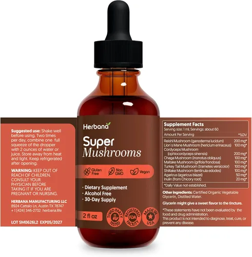 Vista 6 de Super Mushroom Complex 8 en 1 Extracto líquido – Gotas de 2 onzas líquidas con melena de león Reishi Cordyceps Chaga Maitake cola de pavo Shiitake