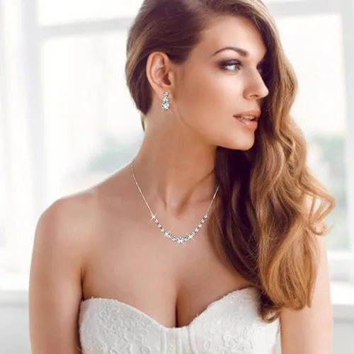 Vista 2 de Jstyle Juego de joyas de plata para novia, collar de diamantes de imitación, pulsera y aretes colgantes para novia, dama de honor, lágrima, colgante