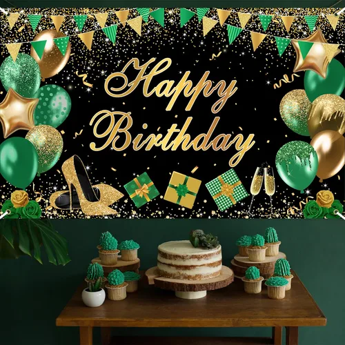 Vista 5 de Avezano Cartel verde de feliz cumpleaños verde dorado negro telón de fondo de feliz cumpleaños con purpurina decoración de fiesta de cumpleaños