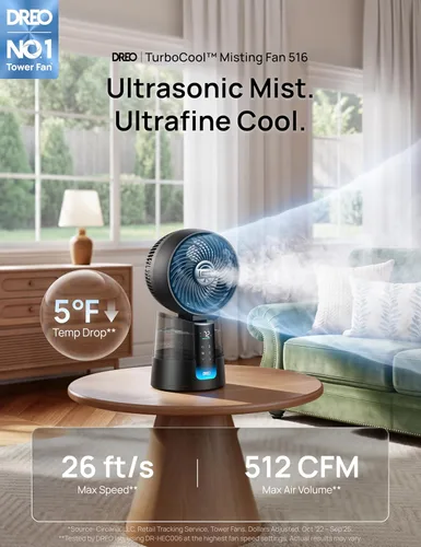 Vista 2 de DREO TurboCool Ventilador de nebulización 516, oscilación omnidireccional de 150°+30°, ventiladores de refrigeración que soplan aire frío caída de 5