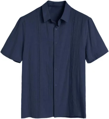 Vista 2 de Hestenve Camisa de manga corta para hombre, estilo guayabera, de lino, algodón, hippie, playa, con botones