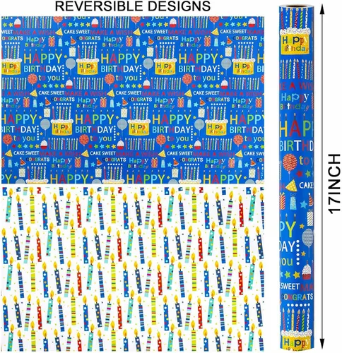 Vista 7 de Homeral Rollo de papel de regalo azul para cumpleaños - 17 pulgadas x 16.5 pies, con letras reversibles de "Feliz Cumpleaños" y velas coloridas.
