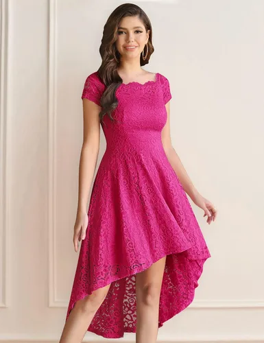 Vista 3 de Dressystar Vestido de Cóctel de Encaje para Mujer Hi-Lo con Hombros Descubiertos para Dama de Honor Vestido de Fiesta Formal Swing