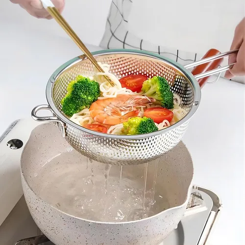 Vista 5 de GREATLINK Colador de lavabo de acero inoxidable con asa, colador de cocina, pies de descanso y colador para colar, enjuagar, freír, cocinar al vapor