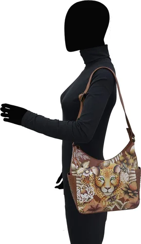 Vista 4 de Anuschka Bolso de hombro de cuero genuino para mujer, obra de arte original pintada a mano, hobo clásico con bolsillos laterales tachonados