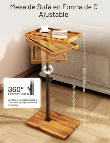 Vista 2 de HOLANA Mesa auxiliar ajustable en forma de C de madera de acacia – Mesa auxiliar giratoria de 360° para sofá – Mesa auxiliar pequeña para iPad