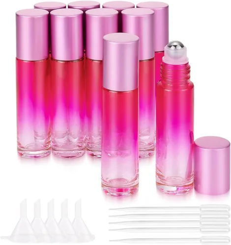 Vista 7 de Paquete de 10 botellas enrollables de aceite esencial de 0.3 fl oz (0.3 fl oz), con bolas enrollables de acero inoxidable y tapa morada, 5 goteros +