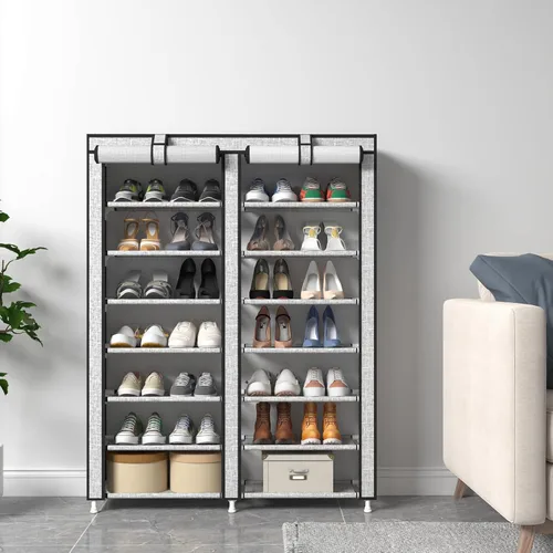 Vista 5 de JIUYOTREE Zapatero organizador de 7 niveles con cubierta a prueba de polvo, estante de armario con capacidad para hasta 28 pares para puerta, Gris