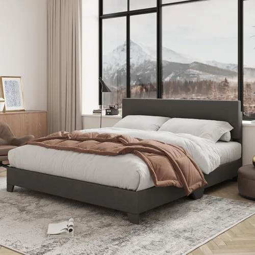 Vista 6 de Allewie Base de cama tamaño matrimonial con cabecera ajustable, cama tapizada con plataforma y listones de madera, base de colchón resistente,