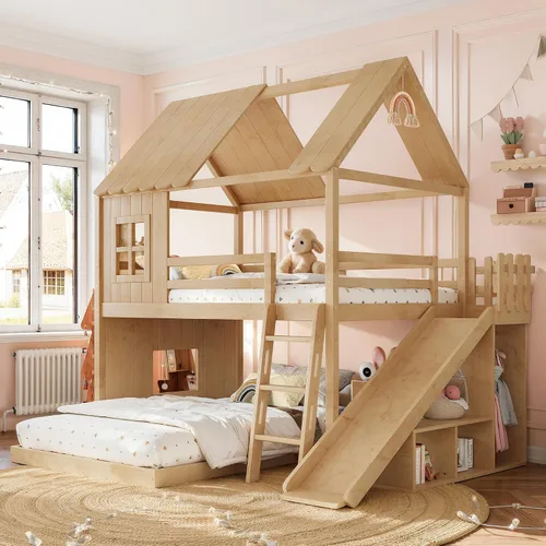 Vista 22 de Cama de Casa Tamaño Twin con Elegantes Ventanas y Estantería, Marco de Litera con Diseño de Castillo de Madera con Barandillas de Seguridad