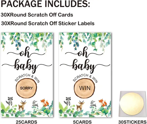 Vista 4 de 30 tarjetas de juego para raspar Woodland Baby Shower, como tarjetas de cupón de bricolaje para cumpleaños, actividad de baby shower, sorteo