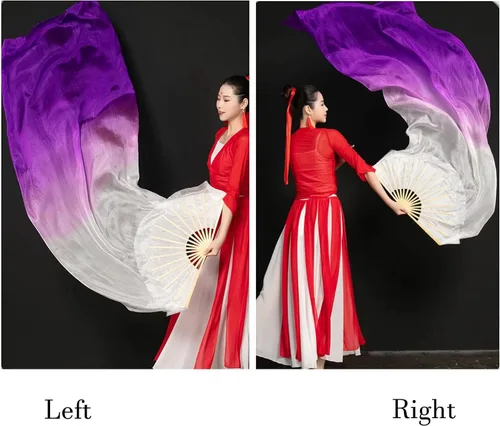 Vista 4 de 1 par de velos de seda hechos a mano para danza del vientre, abanicos largos de bambú para bailar (70.9 x 35.4 in, color blanco y morado)