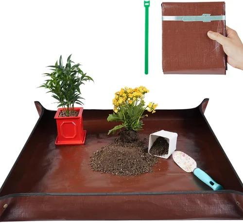 Vista 12 de Tapete de trasplante de 26.8"X26.8" para plantas de interior para controlar el desorden, tapete de bandeja de jardinería plegable e impermeable 1
