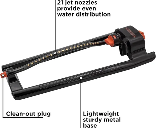 Vista 2 de Black + Decker® - Aspersor oscilante de metal de 3,600 pies cuadrados, duradero, ajustable, cobertura uniforme de riego BD3435