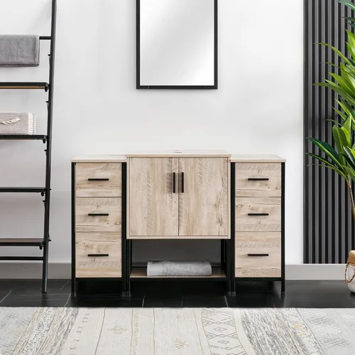 Vista 26 de eclife Lavabo de tocador de baño de 24 pulgadas, gabinete de metal moderno con estante inferior, fregadero azul para barco y grifo de ahorro de agua