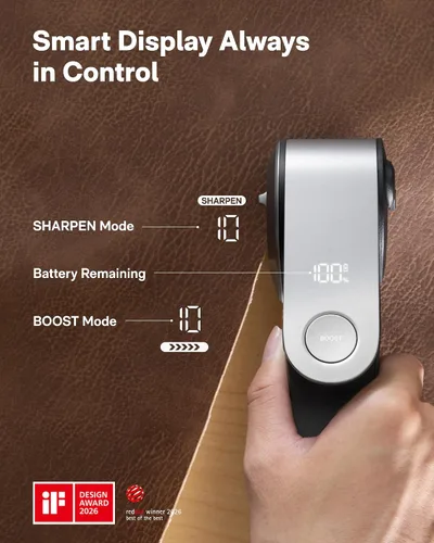Vista 5 de HOTO EdgeFlow - Tijeras eléctricas inalámbricas, hoja de titanio autoafilable, cortador de cartón eléctrico de pantalla inteligente, modo de impulso