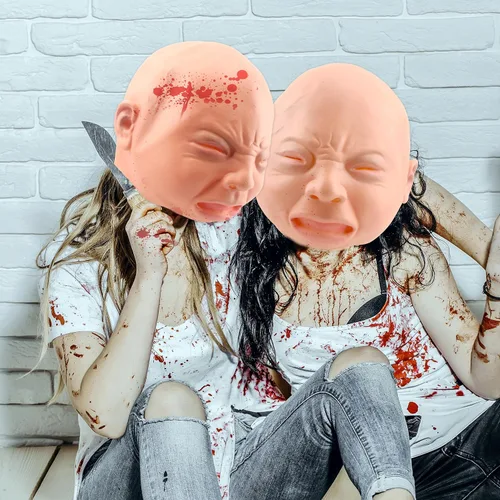 Vista 4 de Cotiny Paquete de 2 máscaras de látex para cabeza de bebé llorando de Halloween, máscaras faciales falsas para adultos, cosplay, fiesta de Halloween