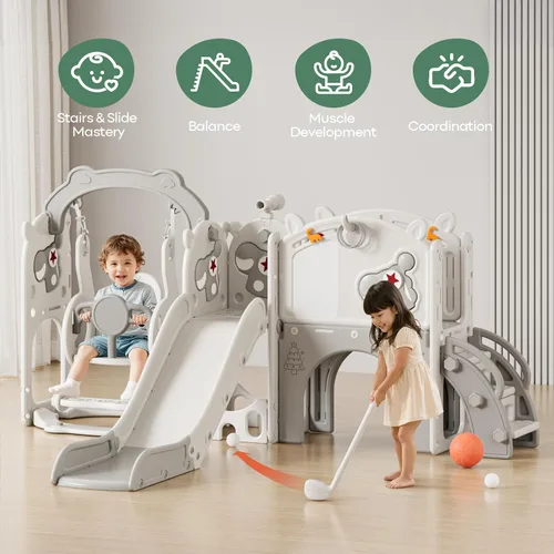 Vista 3 de Mloong Juego de toboganes y columpios 11 en 1 para niños pequeños de 1 a 3 años, para interiores y exteriores, con aro de baloncesto, golf, fácil
