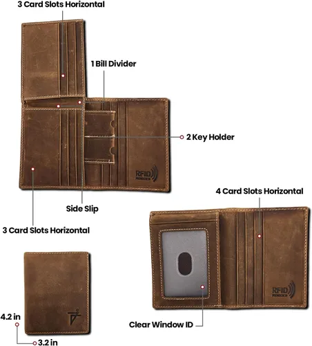 Vista 2 de Cartera de piel con RFID plegable en L para hombre, tarjetero y triple textura de serpiente (J700LF, marrón rústico), Marrón Rústico J700, L-pliegue