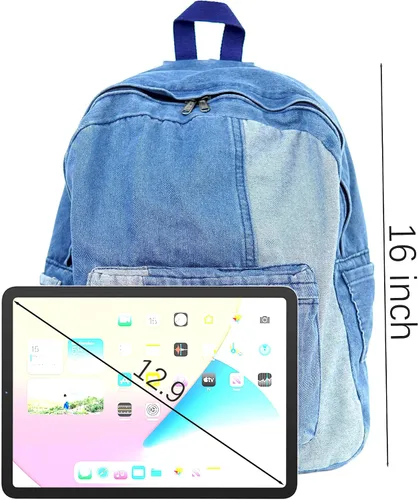 Vista 7 de YunZh Mochila de mezclilla estilo casual ligero jeans mochilas clásicas retro viaje mochila, C-azul claro Más grande, Mochilas Daypack