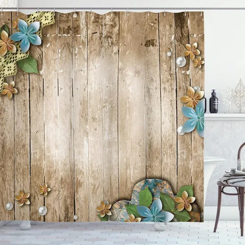Vista 61 de Ambesonne Decor Collection, juego de cortina con ganchos para regadera Amarillo y marrón