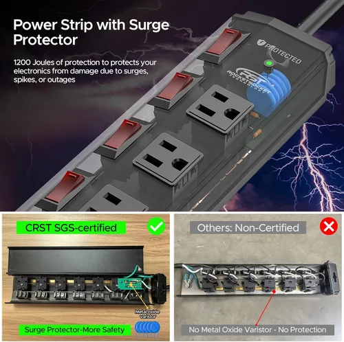 Vista 5 de CRST Regleta de alimentación de metal de 6 tomas con interruptores individuales, protector contra sobretensiones montable para garaje, taller