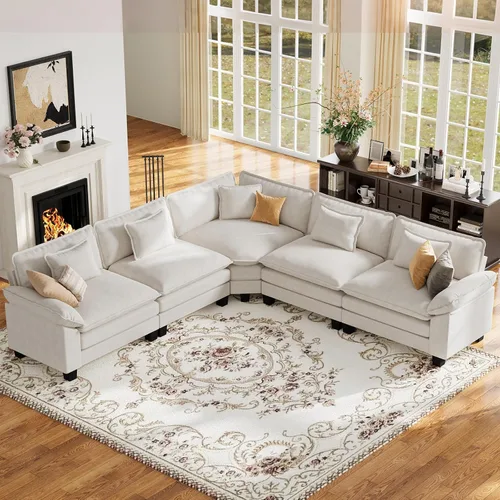 Vista 138 de Sofá modular de gran tamaño de 154 pulgadas, cómodo sofá en forma de U con 3 otomanas móviles, sofá moderno de felpilla de 7 plazas para sala