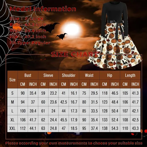 Vista 3 de Disfraces de Halloween para mujer, vestido de manga larga con estampado de calabaza 2023, para fiesta de cosplay, renacentista, faldas para mujer