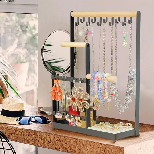 Vista 3 de Organizador de joyas, organizador de joyas con 36 organizadores de aretes y 10 soportes para collares, soporte para anillos de terciopelo y plato