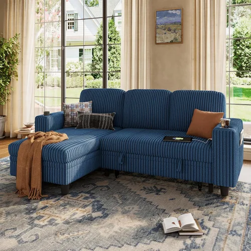 Vista 23 de LINSY HOME Sofá cama seccional con sofá cama extraíble para sala de estar (azul) Plush Corduroy