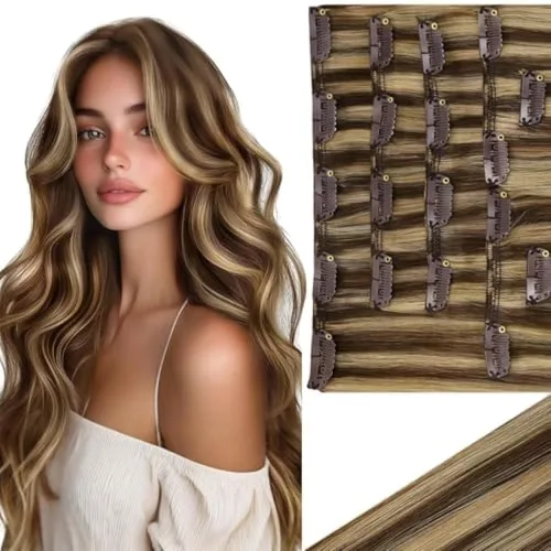 Vista 51 de Ve Sunny Extensiones de cabello clip-in de cabello humano real con reflejos, extensiones de cabello con clip para cabello corto, marrón oscuro