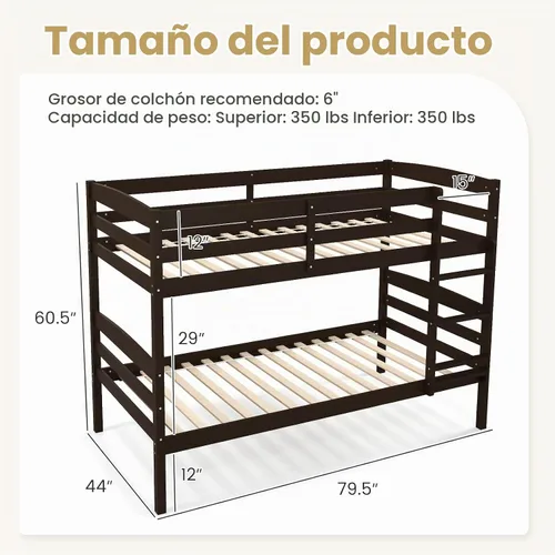 Vista 2 de KOMFOTT - Litera con tamaño doble sobre dos individuales, estructura de litera de madera con barandilla de longitud completa y escalera integrada