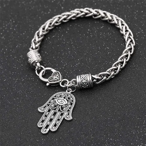 Vista 3 de Qepol Hamsa mano de Fátima pulsera de plata protección contra el mal de ojo tono plateado aleación encanto joyería Lucky Love colgante amistad