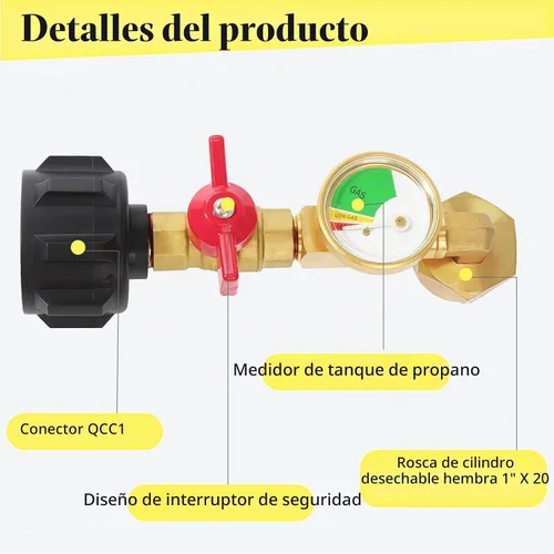 Vista 4 de Adaptador de recarga de propano de 20 libras a 1 libra, adaptador de codo de recarga de propano con válvula y medidor, apto para tanque de propano