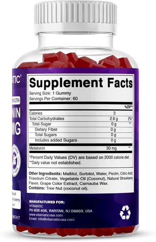 Vista 8 de Vitamatic Melatonina sin azúcar, 30 mg por gomita, 60 porciones, 60 gomitas vegetarianas, suplemento que no forma hábito (60 unidades (paquete de 2))