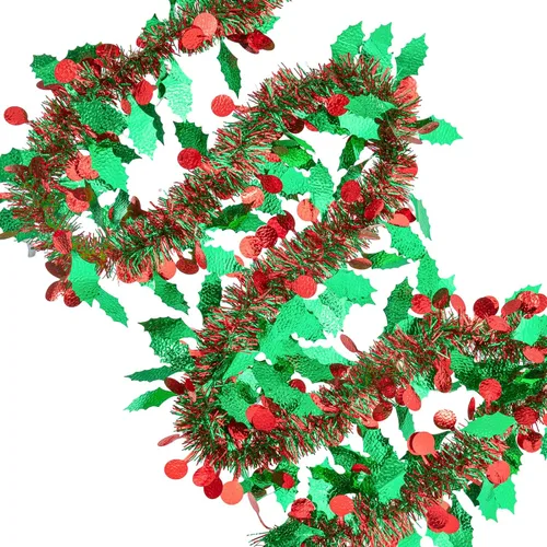 Vista 4 de Guirnalda de Oropel de Navidad de 33 Pies, Guirnalda de Oropel Metálico Trenzado Rojo Verde con Ornamentos de Bayas y Hojas, Decoración Colgante