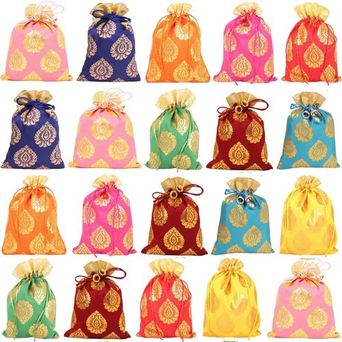 Vista 7 de Touchstone Bolsas de cordón tradicionales indias hechas a mano en tejido brocado con patrón de hojas de ficus. Perfecto para regalos, joyas, bodas