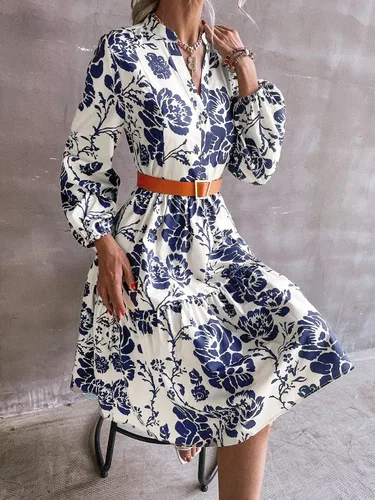 Vista 4 de Floerns Vestido midi de manga larga con cuello en V y dobladillo con volantes para mujer