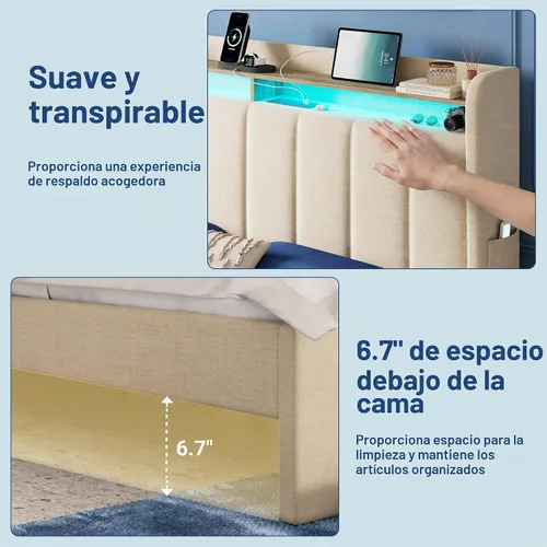 Vista 7 de Allewie - Marco de cama vertical tapizado con plataforma de tamaño matrimonial, con cabecera con almacenamiento de 2 niveles y luces LED, 2 cajones