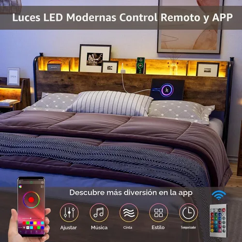 Vista 6 de IKIFLY Base de cama tamaño King con cabecera de estante de almacenamiento y Marrón rústico