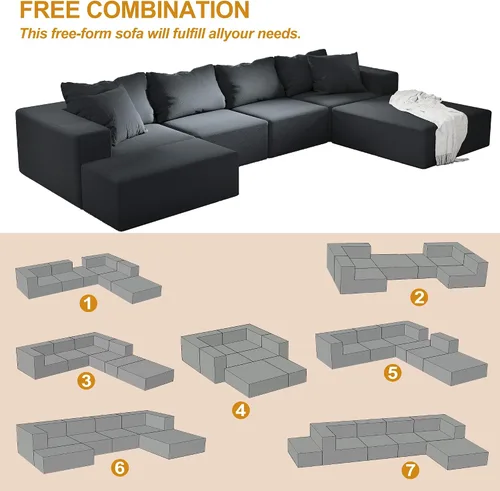 Vista 8 de Sofá de nube de gran tamaño de 132 pulgadas, sofá modular tapizado con 6 almohadas, sofás de felpilla de asiento profundo para sala de estar Negro