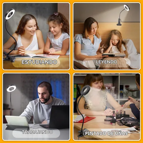 Vista 3 de Foneso Lámpara de escritorio con clip, luz de 48 LED, USB, con 3 modos de color, 10 niveles de brillo, protección ocular, cuello de ganso flexible
